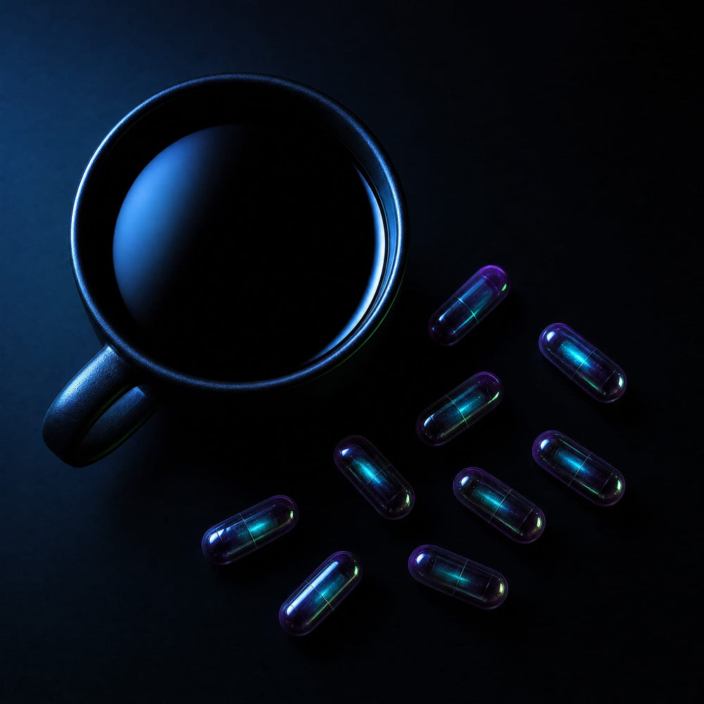 A coffee mug and an Aurora Flow bottle side by side on a dark desk